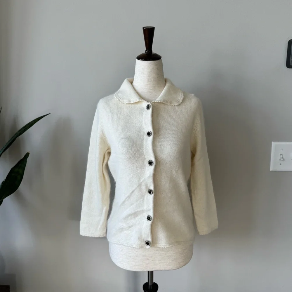 Ann Taylor Angora Rabbit Hair Lambswool Cropped Sleeve Jeweled Button Cardigan